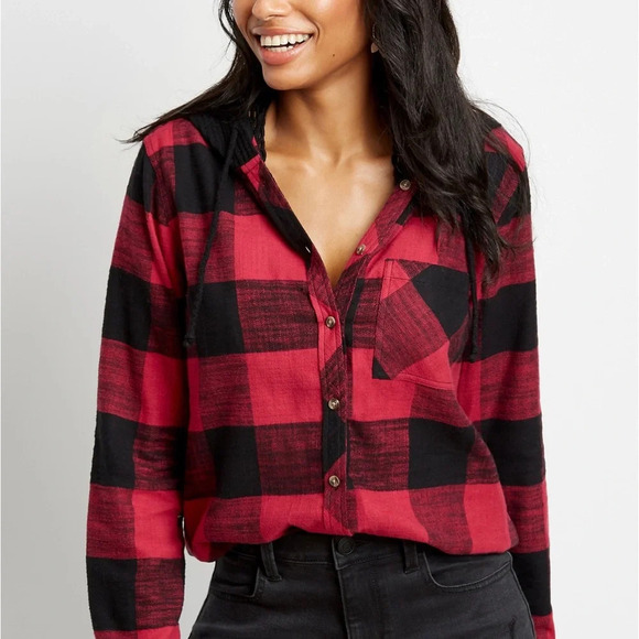 Maurices 100% Cotton Relaxed Fit Red Black Plaid Button Down Shirt Medium Women - Picture 11 of 11